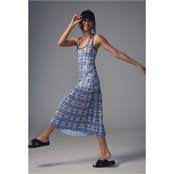 NEW Anthropologie Dhruv Kapoor Blue Plaid Mesh Scoop Neck Midi Dress Plus 2X - Picture 6 of 8